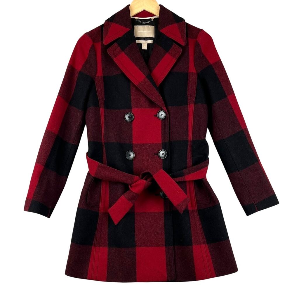Banana Republic Buffalo Plaid Wool Peacoat Trench Coat Belt Jacket XS Red Black